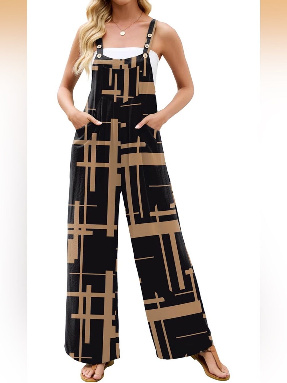 Women's Black and Tan Geometric Wide-Leg Jumpsuit